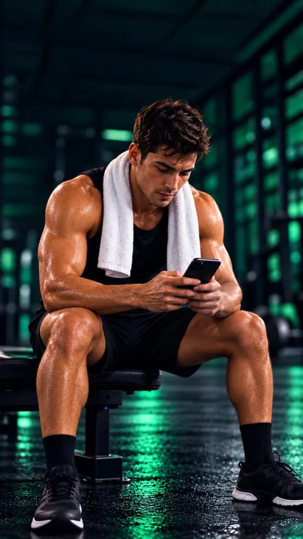 An athlete checking the FitStake app on a gym bench after a workout