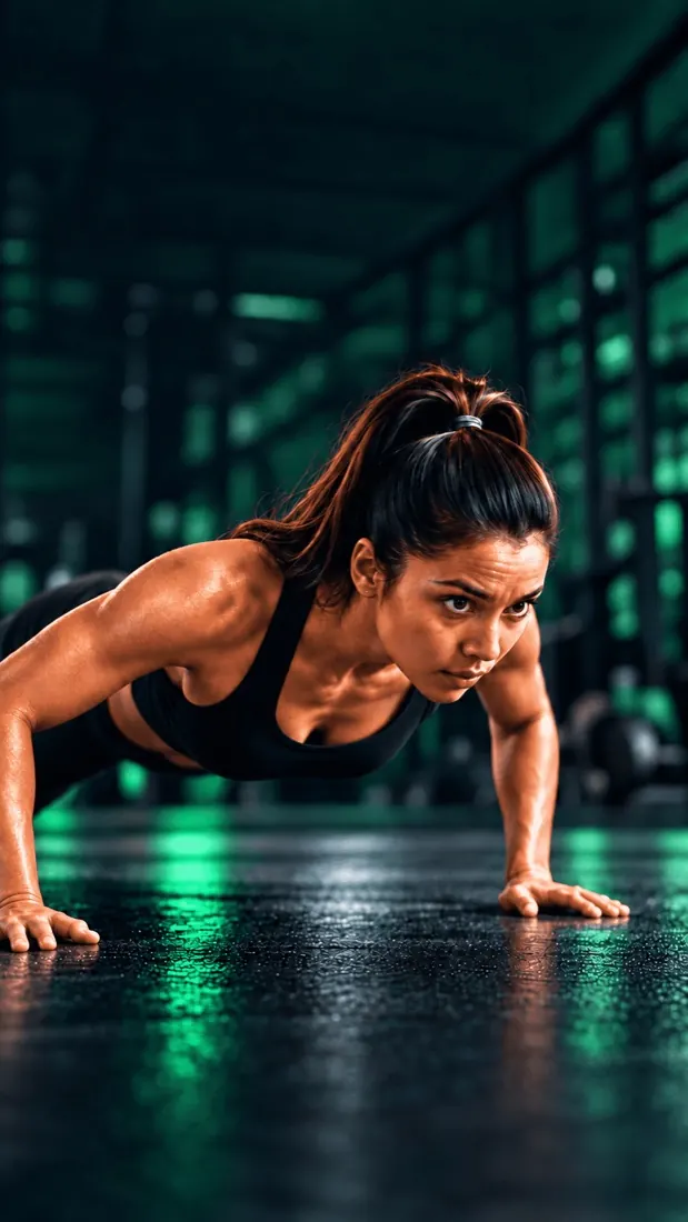An athlete mid push-up with FitStake's pose tracking drawn over her joints
